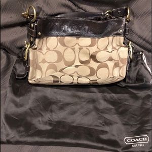 Dark brown leather and fabric Coach shoulder bag